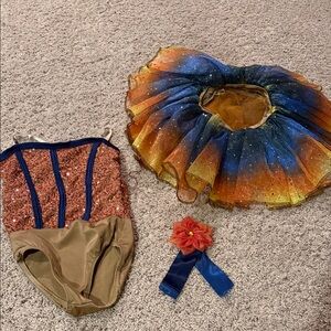 Dansco dance costume tan navy orange sequins leotard tutu Medium Child